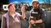 Колаж. Жителька Гуляйполя Августина і журналіст Крим.Реалії Дмитро Євчин на тлі зруйнованого міста