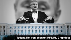 Колаж із зображенням російського голови окупованого Криму Сергія Аксьонова (на передньому плані) та президента Росії Володимира Путіна